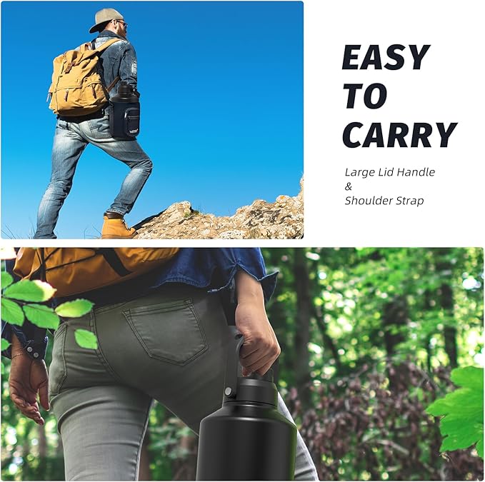 1.5 Gallon Water Bottle Insulated(Cold for 48 Hrs),BPA Free&Leak Proof,196oz Stainless Steel Water Jug,Big thermos,Large Water Bottle with Handle for Gym,Hiking,Camping&Travel,Black