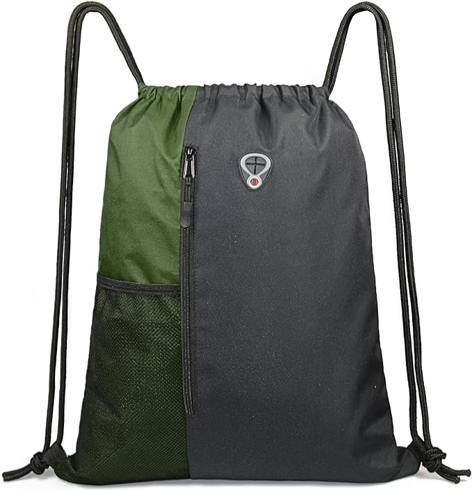 BeeGreen Moss Green Drawstring Backpack Gym Bag For Men & Women – Sports Sackpack with Mesh Water Bottle Holder & 2 Zippered Pockets – Large 16x20 Inch Cinch String Backpack