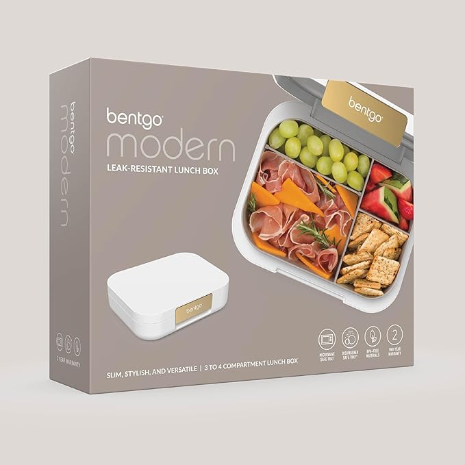 Bentgo Modern - Adult & Teen Bento Lunch Box; 3-4 Compartments, Leak-Resistant, 5.5 Cup Capacity/44 fl oz, Improved Locking Clips, Reusable, BPA-Free, Dishwasher/Microwave Safe Tray (White)