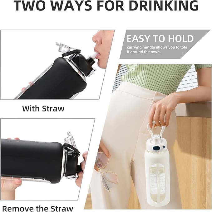 SIEROZUR 32 Glass Water Bottle with Straw and Handle Motivational Water Bottles with Silicone Sleeve and Time Marker Leakproof Borosilicate Water Bottle for Gym Home Office