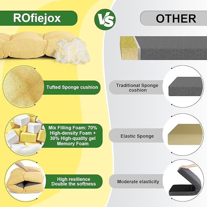 Waterproof Bench Cushion 42 Inch - Oliven Fabric, High-Density Foam, Non-Slip Bottom, Soft Durable Outdoor Tufted Long Seat Cushion for Window Garden Furniture (Yellow, 42x16x4 Inch)