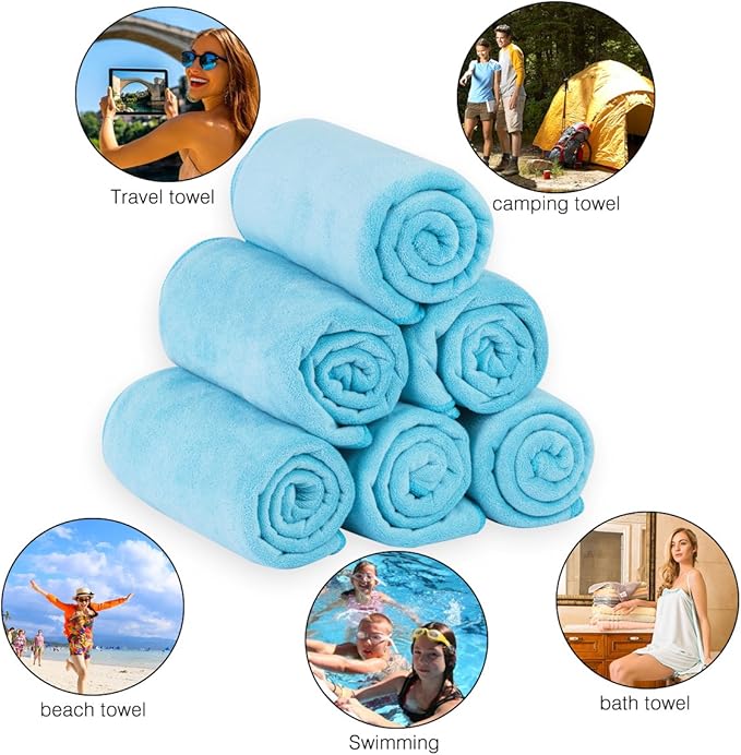 JML Microfiber Bath Towels Set (6 Pack, 27" x 55") - Large, Soft, Absorbent and Fast Drying Microfiber Towel for Adult Men Women, Hair Wrap, Bath, Beach, Pool, Sports, Yoga - Sky Blue