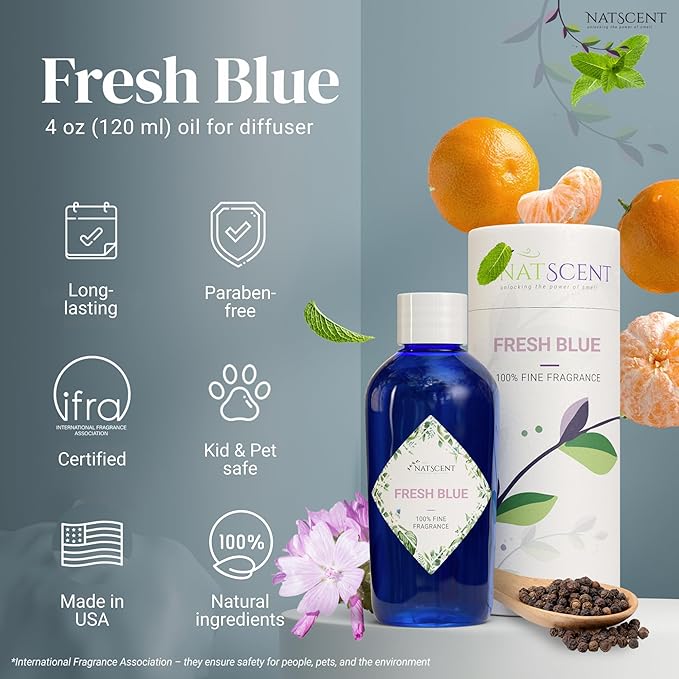 Fresh Blue Essential Oils for Diffusers for Home, Nature-derived Fresh Linen Essential Oil, Long-Lasting & Family-Friendly Diffuser Oils Scents, IFRA Certified, Cold Air & Ultrasonic - 4 oz