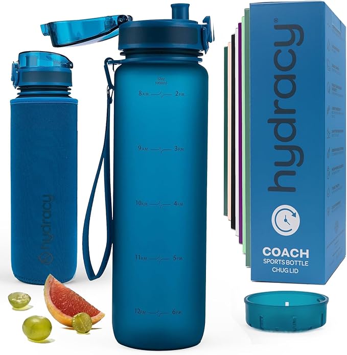 Hydracy Water Bottle with Time Marker -Large BPA Free Water Bottle & No Sweat Sleeve -Leak Proof Gym Bottle with Fruit Infuser Strainer & Times to Drink -Ideal for Fitness Sports & Outdoors