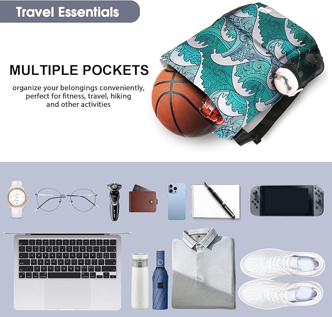 Drawstring Backpack Sports Gym Sackpack with Mesh Pockets Water-Resistant String Cinch Beach Bag for Men Women(Blue Waves)