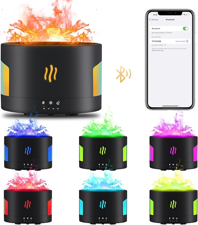 LOVME 450ML Flame Diffuser-Essential Oil Diffuser-Volcano Diffuser-with Remote Control, Bluetooth Speaker & White Noise Function, Flame humidifier fire Diffuser for Bedroom Home Office Yoga Gym