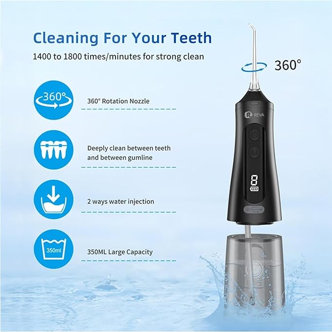Reva Professional Water Dental Flosser for Teeth & Braces - 9 Modes Cordless Oral Irrigator, 350ML Large Reservoir, 360° Nozzle, IPX7 Waterproof, Rechargeable, Dental Floss Tool (M131 - Black)