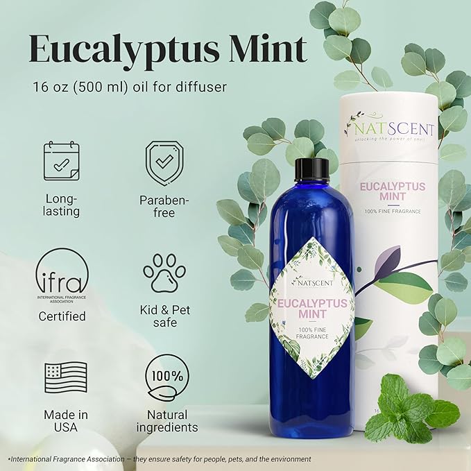 Eucalyptus Mint Essential Oils for Diffusers for Home, Nature-Based Eucalyptus Essential Oil, Long-Lasting & Family-Friendly Diffuser Oils Scents, IFRA Certified, Cold Air & Ultrasonic-16 oz