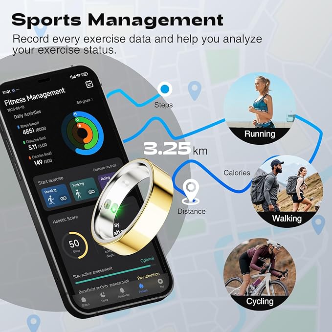 Smart Ring for Men Women - 5ATM Waterproof Health Fitness Tracker with Body Temperature Measurement, Heart Rate, Blood Oxygen, Sleep Monitoring, Step Counting for iOS and Android, No Subscription Fee