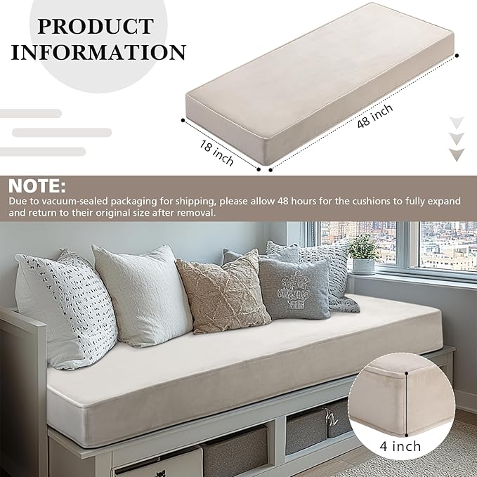 Wenqik Bench Cushions 48x18x4 Inch Window Seat Cushions for Indoor Furniture Velvet Kitchen Dining Bay Seat Tufted Porch Swing Thicken Bench Pad Memory Foam(Ivory White)