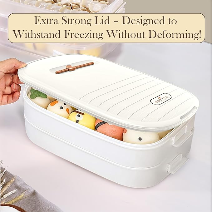 4-Layer Dumpling Storage Container – Freezer Organizer with Smart Timer, Good Sealing, Stackable Food Containers, Anti-Stick Base & Clip Lid (White Lid & White Box)