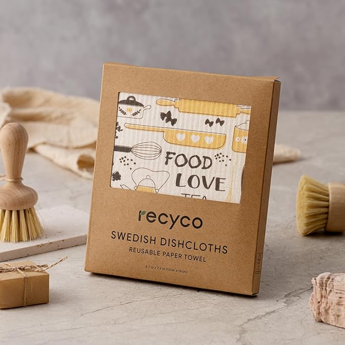 RECYCO Swedish Dishcloths for Kitchen | 6 Pack Kitchens Love Washable Dish Rags | Cellulose Reusable Cleaning Paper Towels | Absorbent Counter Dish Cloth Sponge Kitchen Wipes, 8" L x 7" W