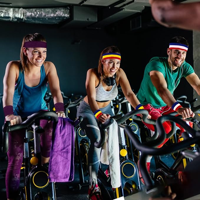 24 Pcs Neon Sweatbands Set Include 8 Pcs Sports Headband and 16 Pcs Cotton Wristbands 80s Neon Sweat Bands Bulk for Gym, Tennis, Basketball, Running, Exercise