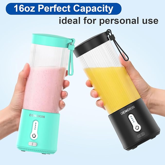 DENOKIN Portable Blender 16oz Vessel, Cordless Personal Size Small Blender for Shakes and Smoothies with 6 Blade for Kitchen, Home, Travel