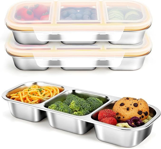 Stainless Steel Snack Containers, Reusable Snack Containers with Lids Stainless Steel Lunch Box with 3 Compartment Divided Food Storage for Home Work Travel Outdoor Camping (Yellow 3 Pack)
