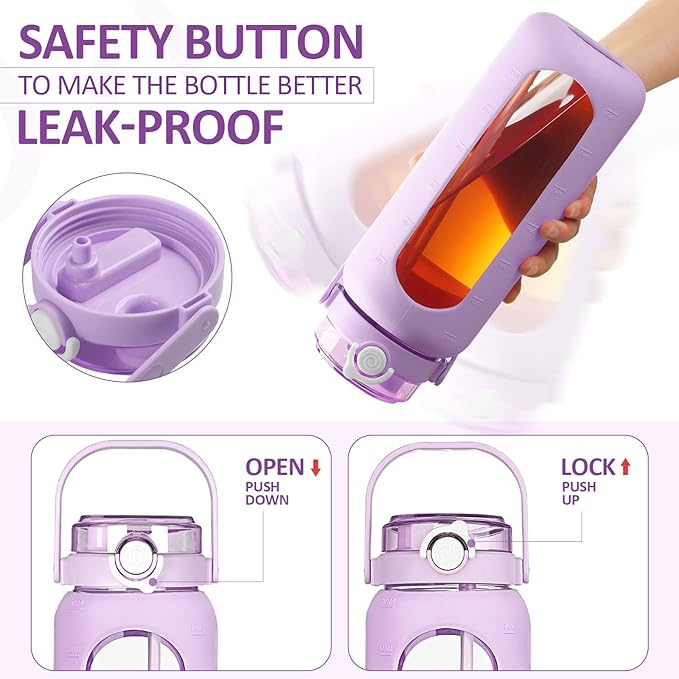 BLUEGO 64oz Glass Water Bottles with Straw Time Marker Half Gallon Large Motivational Water Bottle with Silicone Sleeve 2 Liter Large Glass Water Jug for Gym, Sports& Workout, Daily, Purple