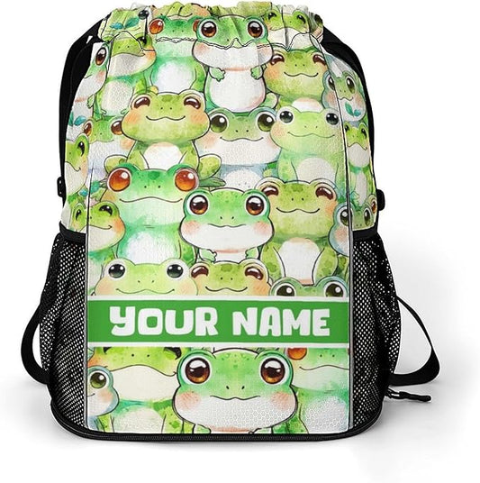 Custom Frog Drawstring Backpack - Cute Cinch Sack, String Backpacks with Pocket for Kids Women Men Boys Girls for Gym Outdoor Sports Travel Athletic Drawstring Bag - Lightweight/Foldable