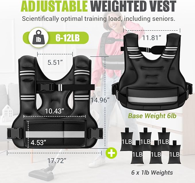Adjustable Weighted Vest for Women,6-12lb U-Shaped Weight Vest with 6 Iron Sand Bags,Rucking Vest with Extended Shoulder Pads & Plus Pockets for Running, Walking and Strength Training