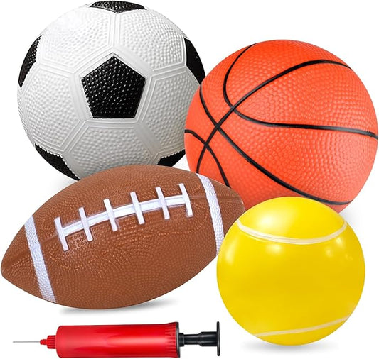 Hymaz 4PCS Sports Balls for Kids Toddlers, Playground Balls with Pump Includes Rugby Football Soccer Basketball Tennis Ball, Throwing Kickballs Toys Stocking Stuffers Birthday Gift for Boys Girls