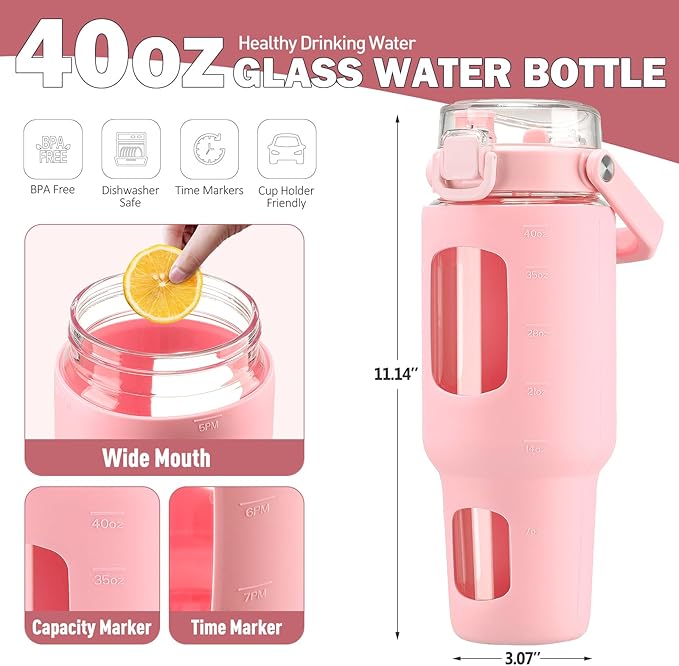 BLUEGO 40 oz Glass Water Bottle with Straw, Leakproof Glass Drinking Bottle with Time Marker and Silicone Sleeve, Wide Mouth Water Bottle for Travel, Gym, Workout, Pink