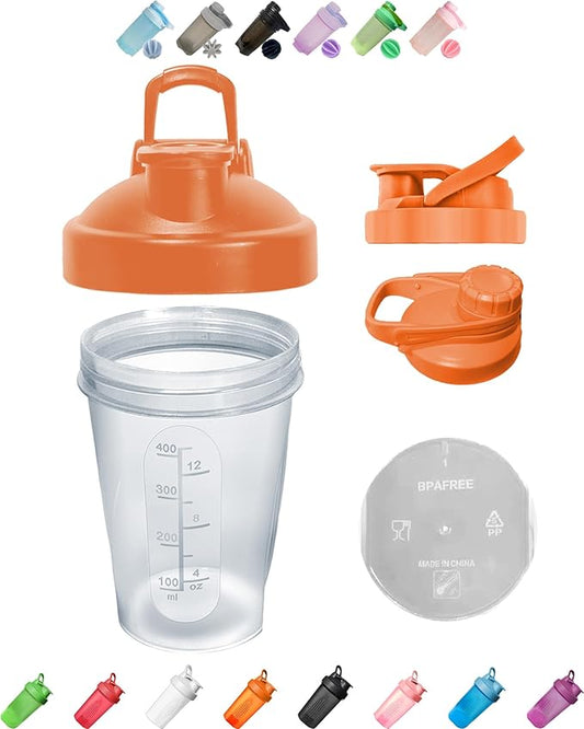 Ergonomic Small Clear Wide Mouth Shaker Cup (Made of Premium PP5,BPA FREE,Modelized Scale Marks 4-8-12 Oz) & Orange Leakproof Screwable Cover Lid (Style May Vary) & Whisk,Free Replacement in 10 Months
