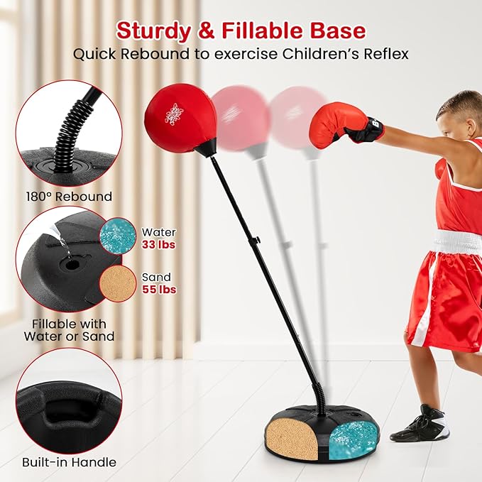 Goplus Punching Bag for Kids, Height Adjustable Kids Workout Equipment with Boxing Stand, Boxing Gloves, Inflator for Teens Adults Boys & Girls Aged 8+, Reflex Bag for Christmas Birthday