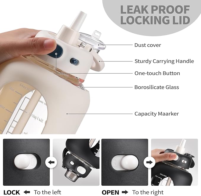 SIEROZUR 42 oz Glass Water Bottle with Straw and Handle, Large Sports Motivational Water Bottle Flask with Time Marker Leakproof Water Jug with Silicone Sleeve for Gym