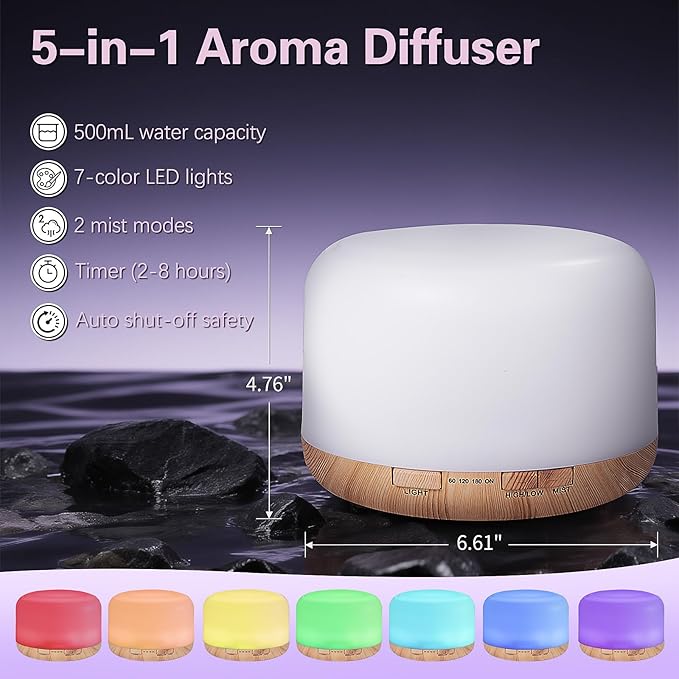 500ML Essential Oil Diffuser, Home Aroma Diffuser, Humidifier for Bedroom Large Room, Quiet 5-in-1 Humidifier: 7 Color LED, 2 Mist Mode, Remote Control, Timer, Waterless Auto Off-Wood Bottom