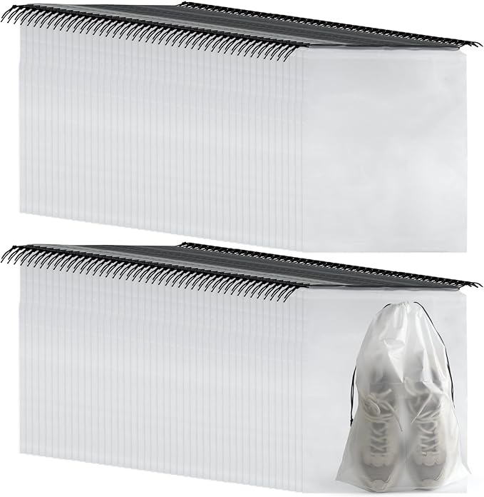 100Pcs Shoe Bags for Travel，PLULON 15.7" x 11.8" Clear Drawstring Storage Plastic Bags Shoes Organizer for Packing Waterproof Dustproof Women Men Portable Travel Essentials