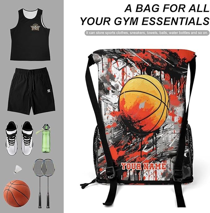 Custom Basketball Drawstring Backpack - Cool Cinch Sack, String Backpacks with Pocket for Kids Women Men Boys Girls for Gym Outdoor Sports Travel Athletic Drawstring Bag - Lightweight/Foldable