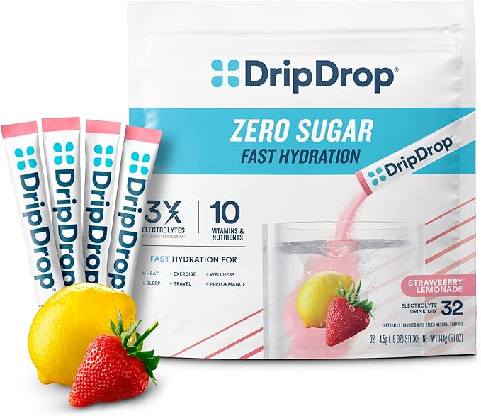 DripDrop Sugar Free Hydration Packets - Zero Strawberry Lemonade - Single Serve Electrolytes Powder Drink Mix - Non-GMO, Gluten Free, Vegan - 32 Sticks