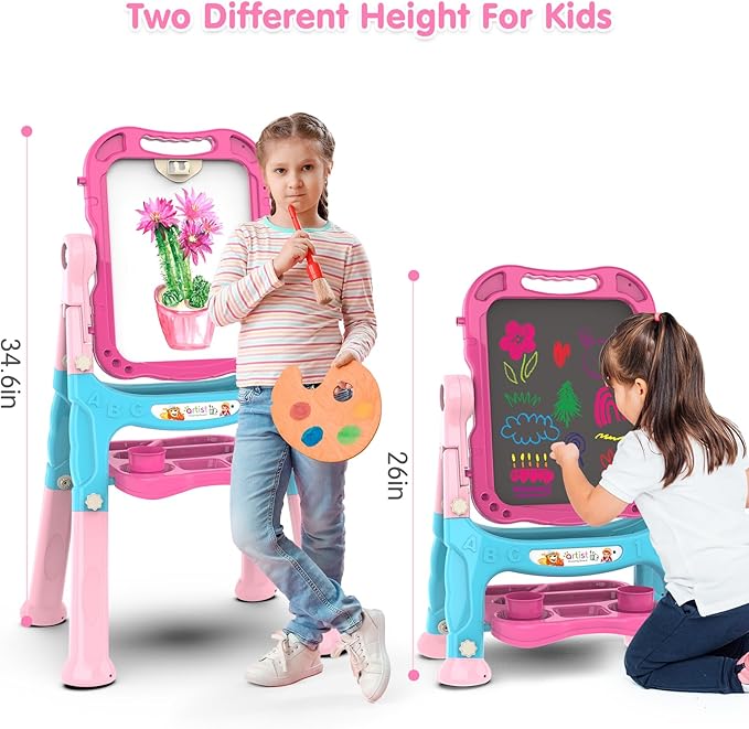 Amagoing Easel for Kids, Adjustable Standing Art Easel for Toddler, Double Chalk Drawing Board with Painting Accessories, Birthday Christmas Gift for Girls 3 4 5 Years Old