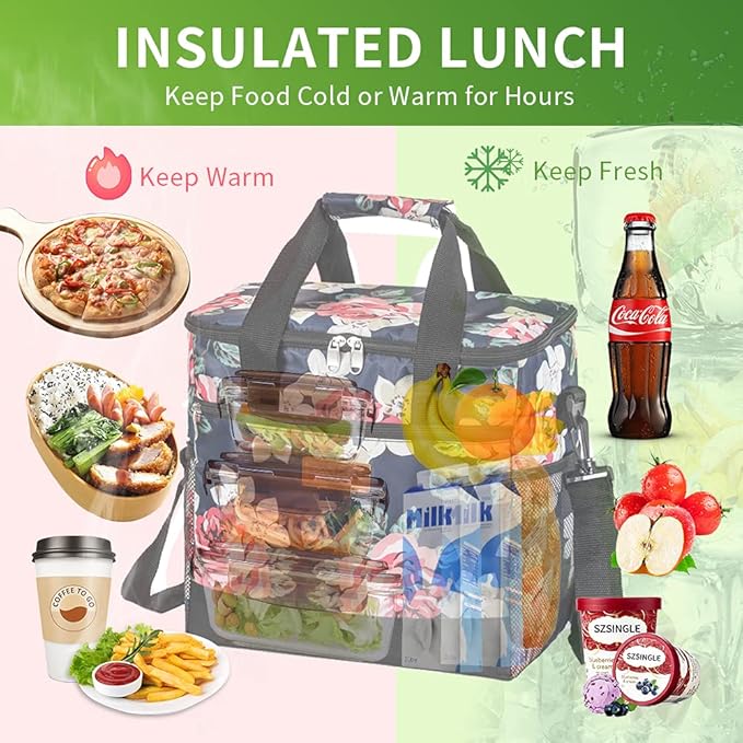 iknoe Large Cooler Bag Collapsible, 15L Insulated Bags, Leakproof Lunch Cooler Tote with Multi-Pockets for Adult, Insulated Lunch Box for Beach, Picnic,Work, Flower 24-Can