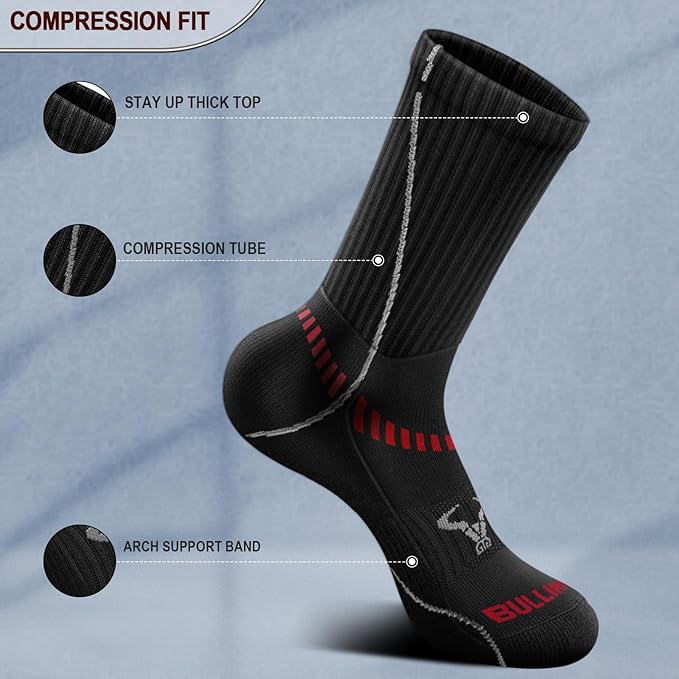 BULLIANT Compression Socks for Men 6Pairs, Athletic Crew Socks Cushioned For Men Sports Running-Arch Support