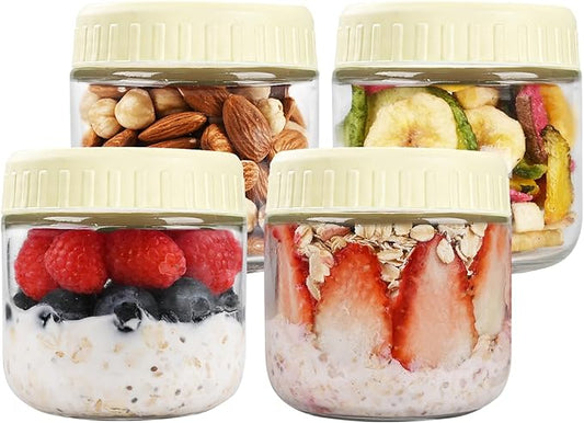 Overnight Oats Containers with Lids, 10oz Glass Jars with Lids 4 pcs, Milk White, Wide Mouth Mason jars for Salad, Yogurt, Snacks, Meal Prep