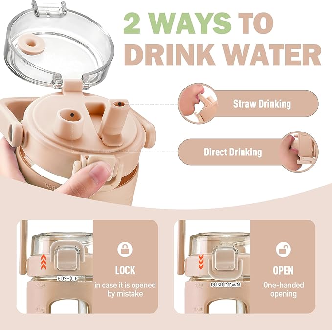 BLUEGO 32oz Glass Water Bottles with Straw Time Marker Half Gallon Large Motivational Water Bottle with Silicone Sleeve 2 Liter Large Glass Water Jug for Gym, Sports& Workout, Daily, Amber