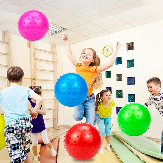 Hymaz Knobby Balls Bulk 9" Soft Bouncy Ball Sensory Toys Spiky Massage Stress Ball, Set of 5 Sensory Balls with Pump, Party Favors Stocking Stuffers Beach Games for Kids Toddlers