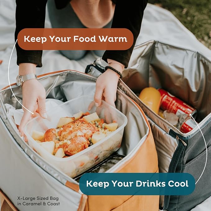 Reusable Insulated Grocery Bag - Leak Proof, X Large Insulated Cooler Bag - Insulated Shopping Bags for Groceries - Travel Cooler Bag for Frozen and Hot Food with Zippered Top (Caramel)