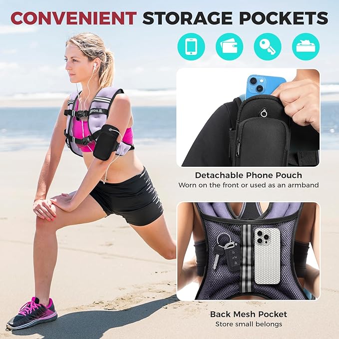 BAGAIL Weighted Vest, 5lbs/8lbs/10lbs/12lbs/15lbs/20lbs/25lbs/30lbs Weight Vest with Detachable Phone Pouch, Rucking Vest for Women, Men, Walking, Weight Loss, Training, Running