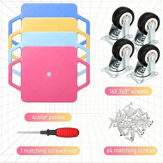 Jerify 4 Pieces Sports Scooter Board with Handles Plastic Casters Floor Sitting Scooter Boards for Kids Children Gym Indoor Outdoor Activities Play Equipment, 11.22 x 11.22 inch