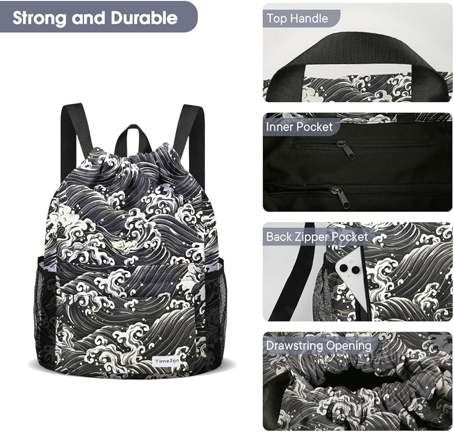 Drawstring Backpack Sports Gym Sackpack with Mesh Pockets Water-Resistant String Cinch Beach Bag for Men Women(Black Waves)