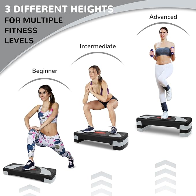 Step Aerobic Platform, 31" Exercise Step with 3 levels Adjustable Height, 4 Stackable Risers, Fitness Training Workout Stepper for Home Gym, Cardio Strength, Black & Pink
