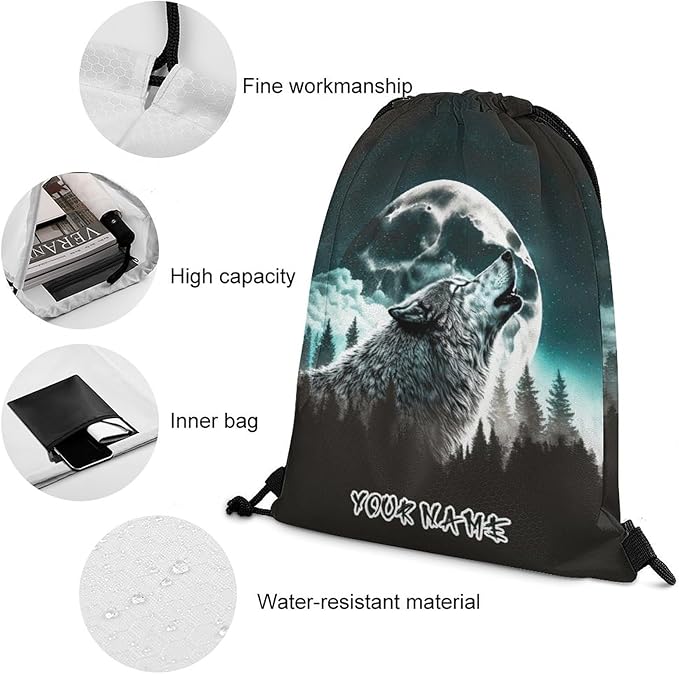 Custom Wolf Drawstring Backpack - Cute Cinch Sack, String Backpacks for Women Men Kids Boys Girls for Gym Outdoor Sports Travel Athletic Drawstring Bag - Lightweight/Foldable