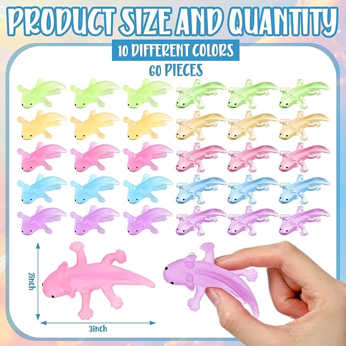 Meooeck 60 Pcs Axolotl Stress Relief Toys Mini Animal Toys for Relief Cute and Fun Stretchy Balls Axolotl Birthday Party Decorations for Christmas, Office, Stocking Stuffer Gift ADHD Autism Anxiety