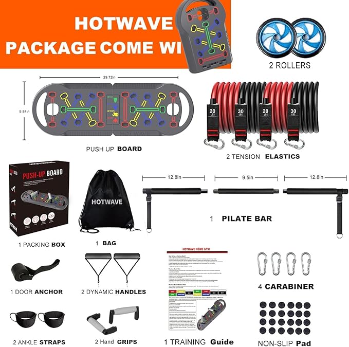 HOTWAVE Portable Exercise Equipment with 16 Gym Accessories.20 in 1 Push Up Board Fitness,Resistance Bands with Ab Roller Wheel,Full Body Workout at Home