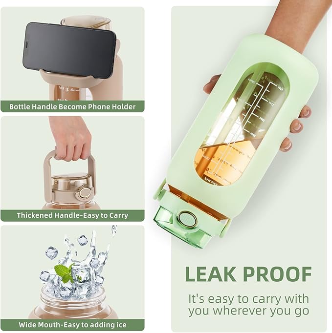 SIEROZUR 74oz Glass Water Bottle with Straw and Lid Large Gallon Water Jug with Silicone Sleeve and Handle 2.2 liter Wide Mouth Bottle with Time Marker for Gym Sports& Workout