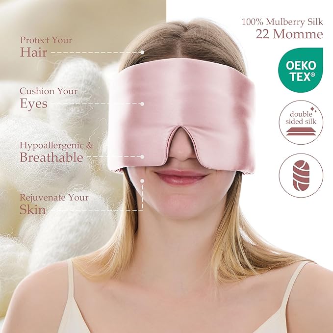 100% Mulberry Silk Sleep Mask, Large Size Travel Eye Masks for Side Sleepers, Adjustable Sleeping Mask for Women and Men, 100% Blackout Eye Mask for Sleeping Soft Pink