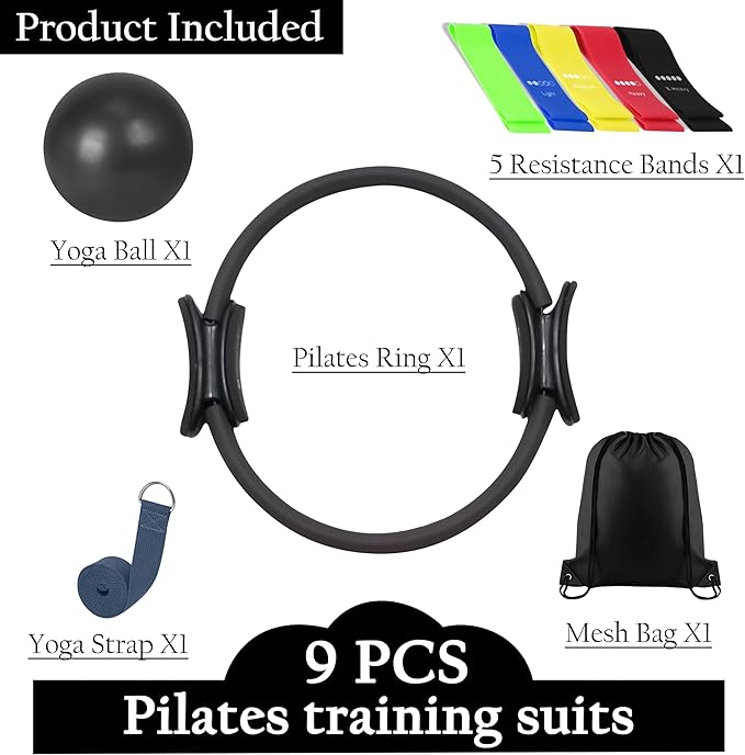 Pilates Ring Set – Magic Circle with Dual Padded Handles, Mini Exercise Ball & 5 Resistance Bands | Pilates Kit for Women | Home Workout Equipment for Full-Body Training & Fitness Set