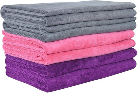 JML Microfiber Towels, Beach Towel Sets (6 Pack, 27" x 55") - Extra Absorbent, Fast Drying, Multipurpose for Bath, Swimming, Fitness, Sports, Yoga, Grey/Pink/Purple