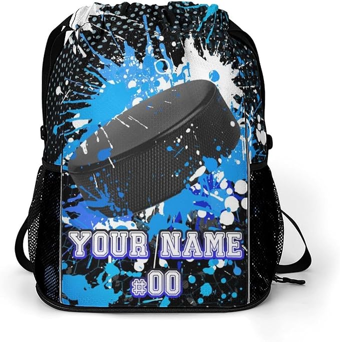 Custom Hockey Drawstring Backpack - Cool Cinch Sack, String Backpacks with Pocket for Kids Women Men Boys Girls for Gym Outdoor Sports Travel Athletic Drawstring Bag - Lightweight/Foldable
